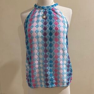 Halter Neck Patterned Knit Top in Blue, Pink & Purple